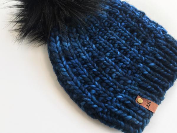 Knit Wool Hat Premium Merino Hand Dyed Wool Winter Hat - Blue Black Color - Slouchy Knit Women's Beanie with Jumbo Faux Fur Pom - Luxury picture