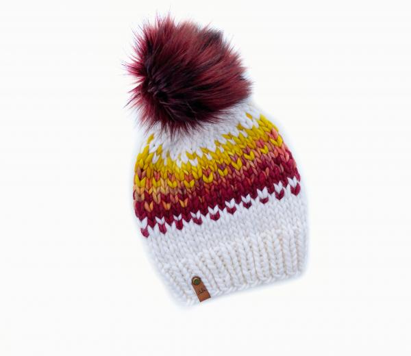 Fair Isle Knit Wool Hat Premium Merino Hand Dyed Wool Winter Hat -  Women's Beanie with Jumbo Faux Fur Pom -Luxury