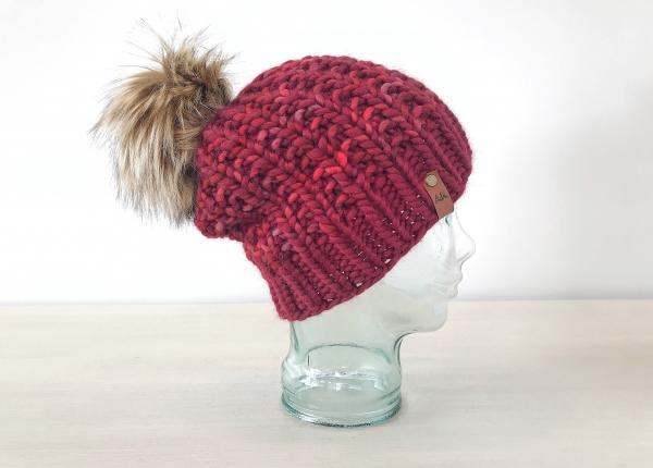 Knit Wool Hat Premium Merino Hand Dyed Wool Winter Hat - Red Maroon Striped - Slouchy Knit Women's Beanie with Jumbo Faux Fur Pom - Luxury picture