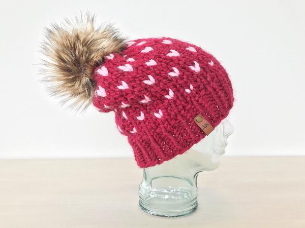 Knit Hat with Heart Pattern Red Pink Fair Isle Slouchy beanie - The Polaris - Women's Warm Winter Hat - Ready to Ship Pompom Handmade Gift picture