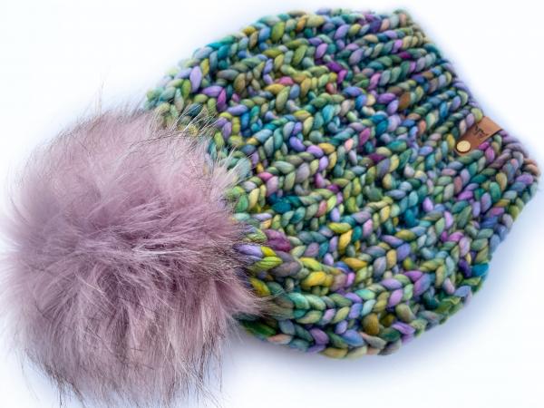 Knit Wool Hat Premium Merino Hand Dyed Wool Winter Hat - Lavender Purple Rainbow - Slouchy Knit Women's Beanie with Jumbo Faux Fur Pom -Luxury picture