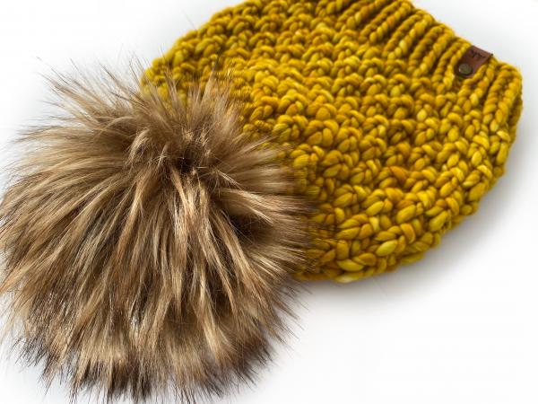 Knit Wool Hat Premium Merino Hand Dyed Wool Winter Hat - Gold Yellow Mustard - Slouchy Knit Women's Beanie with Jumbo Faux Fur Pom - Luxury picture