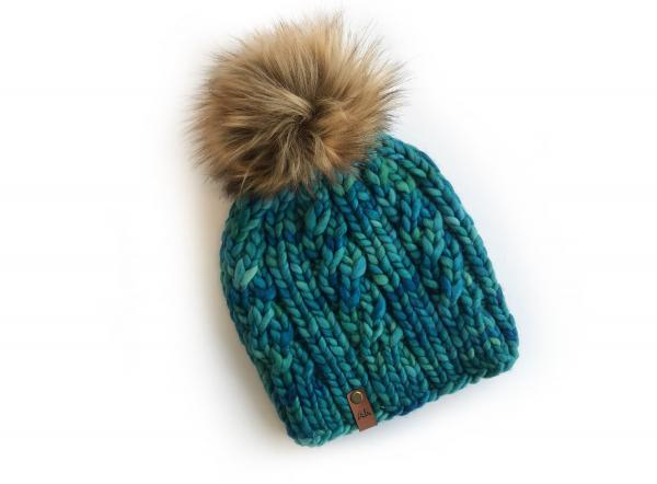 Knit Wool Hat Premium Merino Hand Dyed Wool Winter Hat - Teal Blue Cabled Fitted Knit Women's Spindrift Beanie Jumbo Faux Fur Pom - Luxury