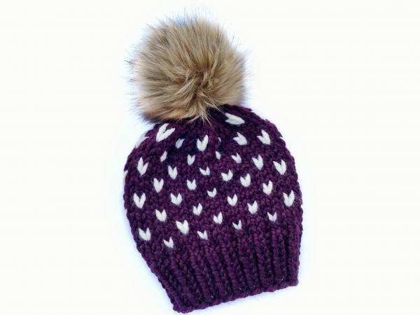 Knit Hat with Heart Pattern Dark Purple Fair Isle beanie picture