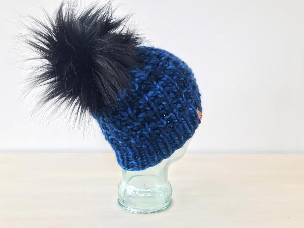 Knit Wool Hat Premium Merino Hand Dyed Wool Winter Hat - Blue Black Color - Slouchy Knit Women's Beanie with Jumbo Faux Fur Pom - Luxury picture