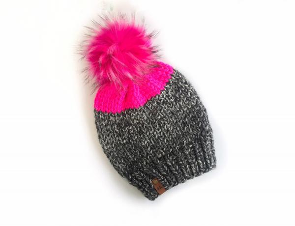 Wool Free Neon Slouchy Chunky Knit Winter Beanie - Neon Pink & Charcoal Gray with Jumbo Neon Pink Pom - Women's Warm Hat - Vegan Knitwear