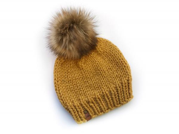 X-Large Knit Hat Mustard Yellow Extra Slouchy Beanie with Jumbo Pompom Neutral Accessory Handmade Women's Winter Hat Pompom Beanie picture