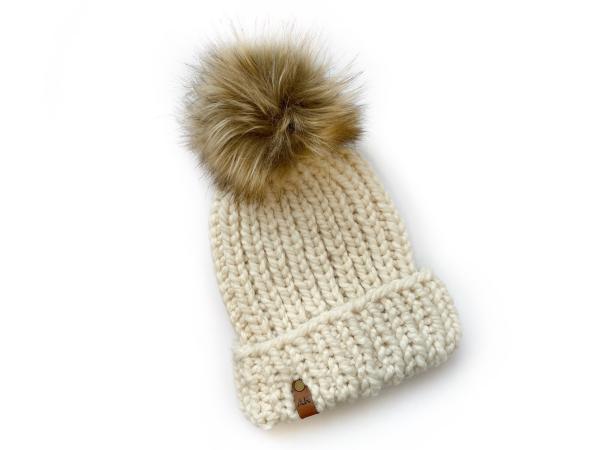 Folded Brim Knit Winter Beanie - Ivory with Jumbo Faux Fur PomPom - Handmade in MN - Women's Warm Hat - Neutral Winter Accessory picture