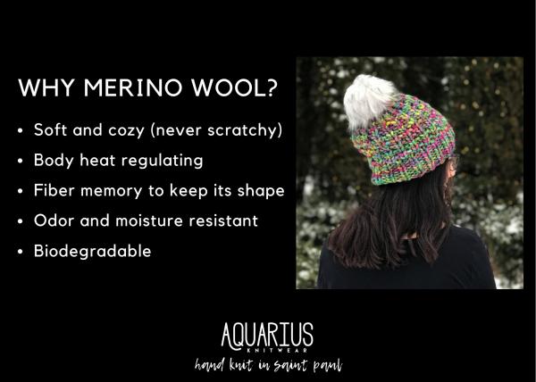 Knit Wool Hat Premium Merino Hand Dyed Wool Winter Hat - Lavender Purple Rainbow - Slouchy Knit Women's Beanie with Jumbo Faux Fur Pom -Luxury picture