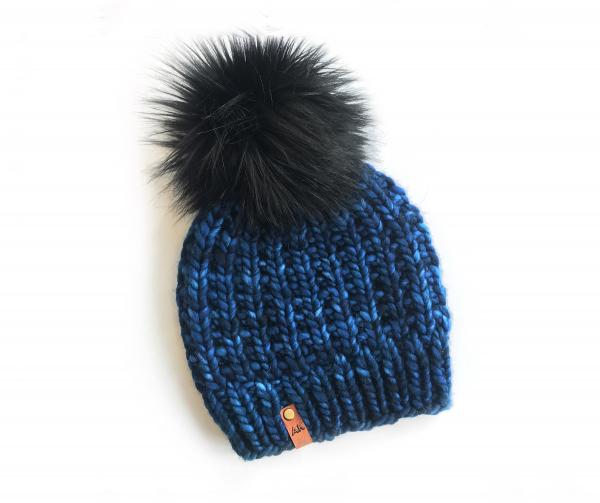 Knit Wool Hat Premium Merino Hand Dyed Wool Winter Hat - Blue Black Color - Slouchy Knit Women's Beanie with Jumbo Faux Fur Pom - Luxury