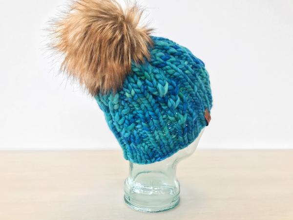 Knit Wool Hat Premium Merino Hand Dyed Wool Winter Hat - Teal Blue Cabled Fitted Knit Women's Spindrift Beanie Jumbo Faux Fur Pom - Luxury picture