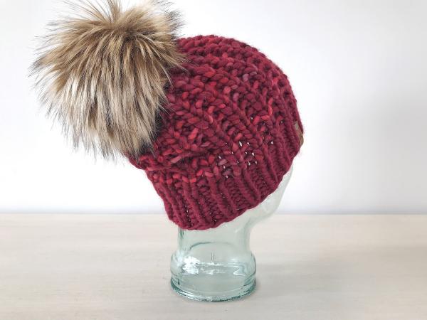 Knit Wool Hat Premium Merino Hand Dyed Wool Winter Hat - Red Maroon Striped - Slouchy Knit Women's Beanie with Jumbo Faux Fur Pom - Luxury picture