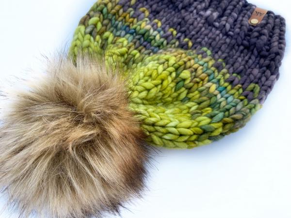 Fair Isle Knit Wool Hat Premium Merino Hand Dyed Wool Winter Hat -  Women's Beanie with Jumbo Faux Fur Pom -Luxury picture