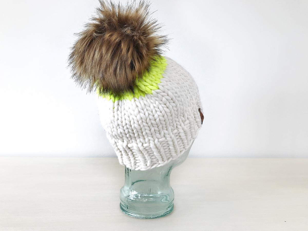 Knit Wool Hat Premium Merino Hand Dyed Wool Winter Hat - Neon Fluorescent Color - Fitted Women's Beanie with Jumbo Faux Fur Pom - Luxury picture
