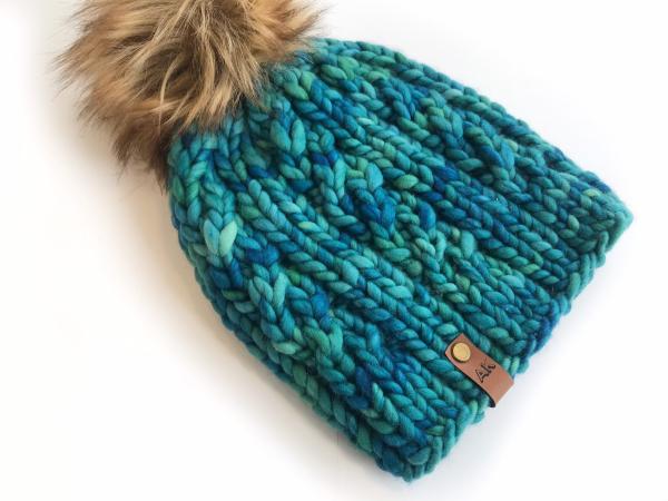 Knit Wool Hat Premium Merino Hand Dyed Wool Winter Hat - Teal Blue Cabled Fitted Knit Women's Spindrift Beanie Jumbo Faux Fur Pom - Luxury picture