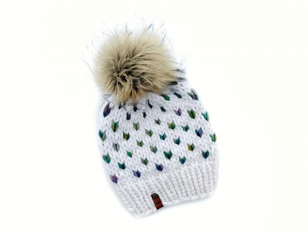 Fair Isle Hearts Knit Wool Hat Premium Merino Hand Dyed Wool Winter Hat -  Women's Beanie with Jumbo Faux Fur Pom -Luxury