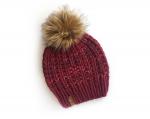 Knit Wool Hat Premium Merino Hand Dyed Wool Winter Hat - Red Maroon Striped - Slouchy Knit Women's Beanie with Jumbo Faux Fur Pom - Luxury