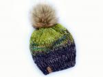 Fair Isle Knit Wool Hat Premium Merino Hand Dyed Wool Winter Hat -  Women's Beanie with Jumbo Faux Fur Pom -Luxury