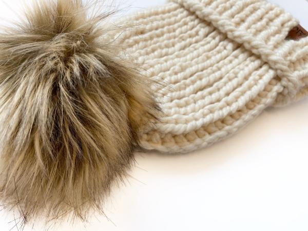 Folded Brim Knit Winter Beanie - Ivory with Jumbo Faux Fur PomPom - Handmade in MN - Women's Warm Hat - Neutral Winter Accessory picture