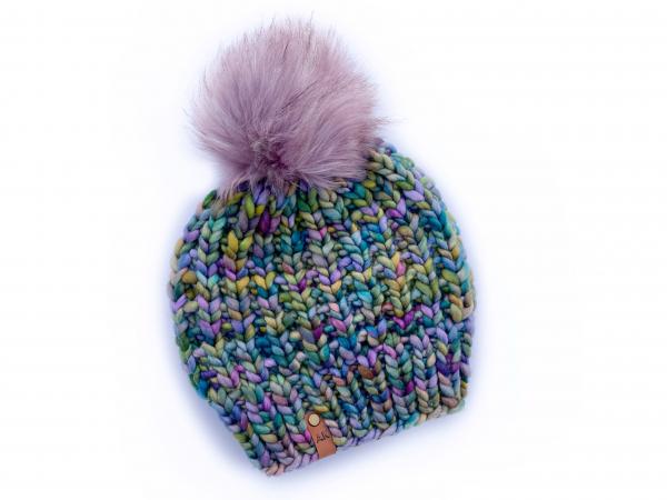 Knit Wool Hat Premium Merino Hand Dyed Wool Winter Hat - Lavender Purple Rainbow - Slouchy Knit Women's Beanie with Jumbo Faux Fur Pom -Luxury