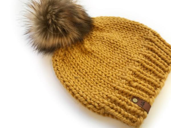 X-Large Knit Hat Mustard Yellow Extra Slouchy Beanie with Jumbo Pompom Neutral Accessory Handmade Women's Winter Hat Pompom Beanie picture