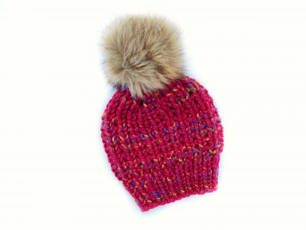 Slouchy Chunky Knit Winter Beanie - Red Multi with Jumbo Faux Fur PomPom - Handmade in MN - Women's Warm Hat - Winter Accessory