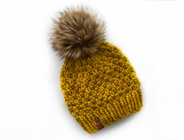Knit Wool Hat Premium Merino Hand Dyed Wool Winter Hat - Gold Yellow Mustard - Slouchy Knit Women's Beanie with Jumbo Faux Fur Pom - Luxury
