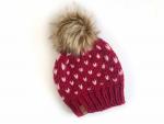 Knit Hat with Heart Pattern Red Pink Fair Isle Slouchy beanie - The Polaris - Women's Warm Winter Hat - Ready to Ship Pompom Handmade Gift