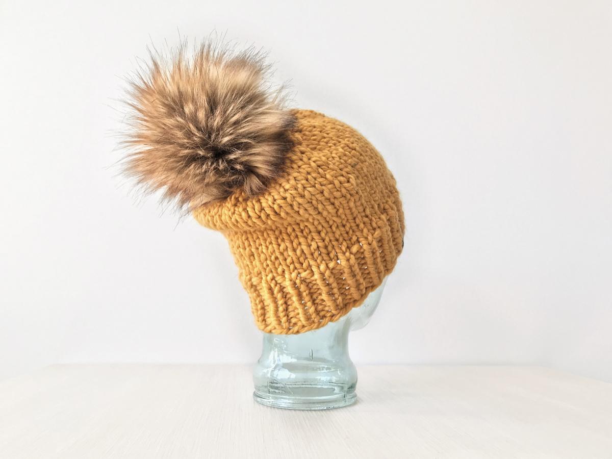 X-Large Knit Hat Mustard Yellow Extra Slouchy Beanie with Jumbo Pompom Neutral Accessory Handmade Women's Winter Hat Pompom Beanie picture