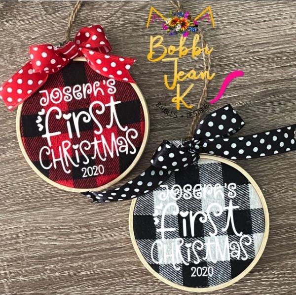 Personalized Baby's First Christmas Plaid Hoop Ornament picture