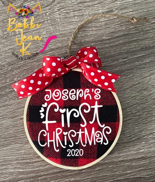 Personalized Baby's First Christmas Plaid Hoop Ornament picture