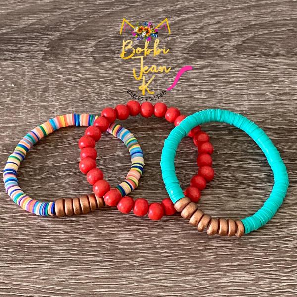 Heishi & Wood Bead Stretch Bracelet Stack- Set of 3- Multi/Orange/Aqua picture