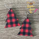 Red & Black Plaid Printed Wood Tree Earrings