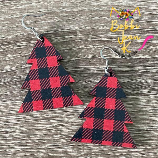 Red & Black Plaid Printed Wood Tree Earrings picture