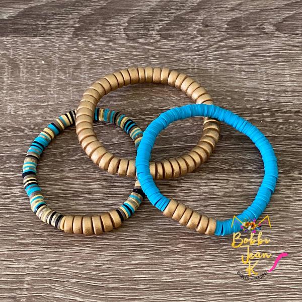 Heishi Stretch Bracelet Stack- Set of 3- Multi/Bright Blue/Gold picture