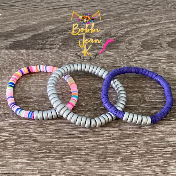 Heishi Stretch Bracelet Stack- Set of 3- Multi/Purple/Silver picture