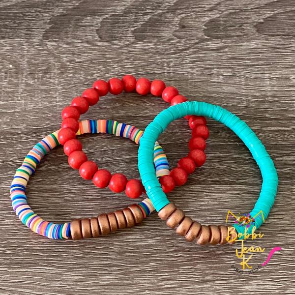 Heishi & Wood Bead Stretch Bracelet Stack- Set of 3- Multi/Orange/Aqua picture