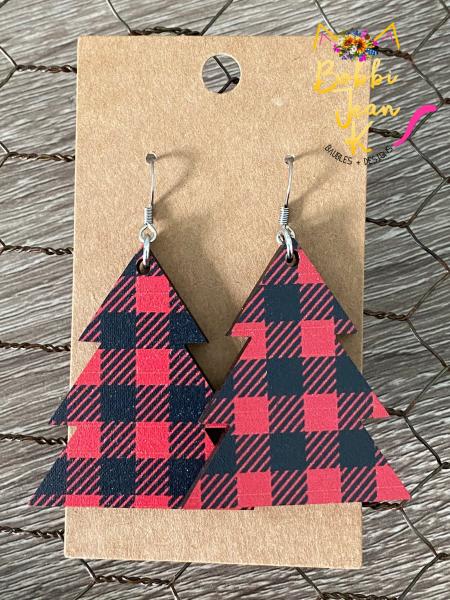 Red & Black Plaid Printed Wood Tree Earrings picture