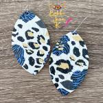 Blue Zebra Floral Leopard Cork on Leather Earrings- Leaf Shape