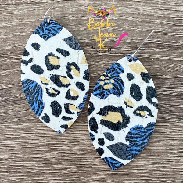 Blue Zebra Floral Leopard Cork on Leather Earrings- Leaf Shape picture