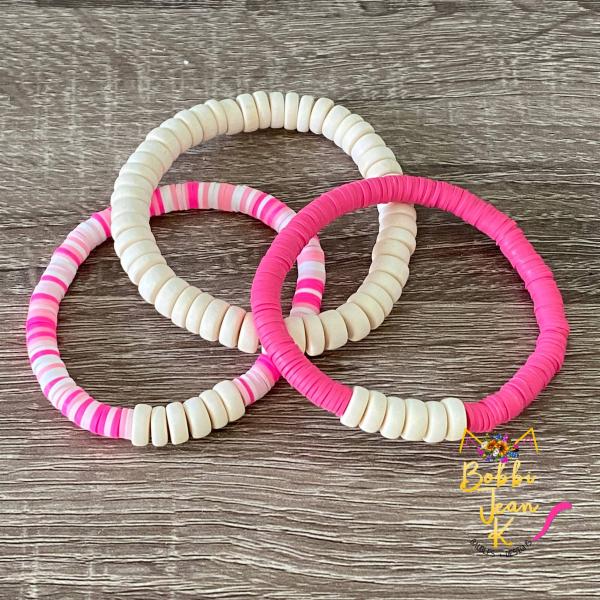 Heishi Stretch Bracelet Stack- Set of 3- Pink Multi/Pink/Off-White