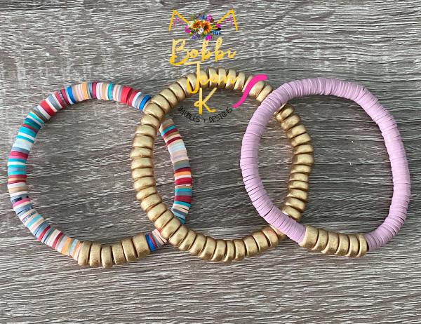 Heishi Stretch Bracelet Stack- Set of 3- Mauve/Multi/Gold picture