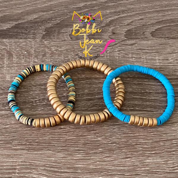 Heishi Stretch Bracelet Stack- Set of 3- Multi/Bright Blue/Gold picture