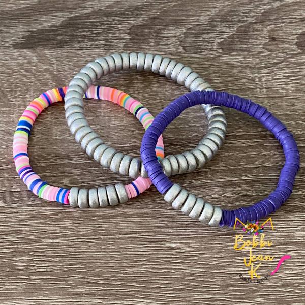 Heishi Stretch Bracelet Stack- Set of 3- Multi/Purple/Silver picture