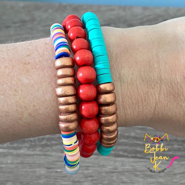 Heishi & Wood Bead Stretch Bracelet Stack- Set of 3- Multi/Orange/Aqua picture