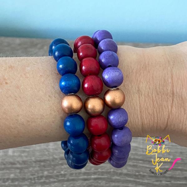 Wood Bead Stretch Bracelet Stack- Set of 3- Deep Blue/Cherry/Purple picture