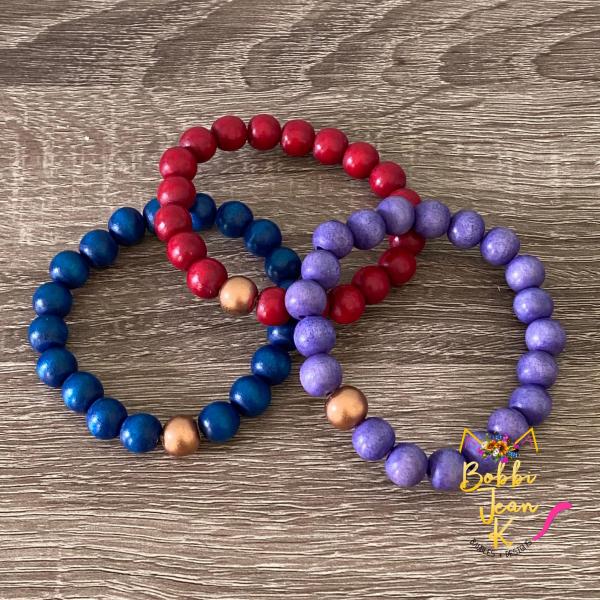 Wood Bead Stretch Bracelet Stack- Set of 3- Deep Blue/Cherry/Purple picture