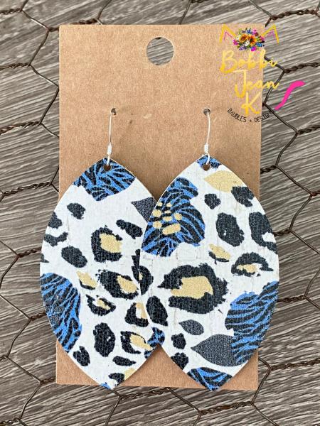 Blue Zebra Floral Leopard Cork on Leather Earrings- Leaf Shape picture