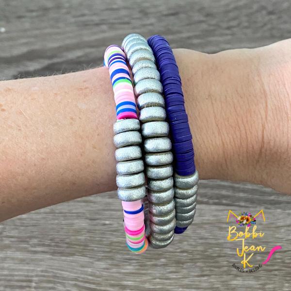 Heishi Stretch Bracelet Stack- Set of 3- Multi/Purple/Silver picture