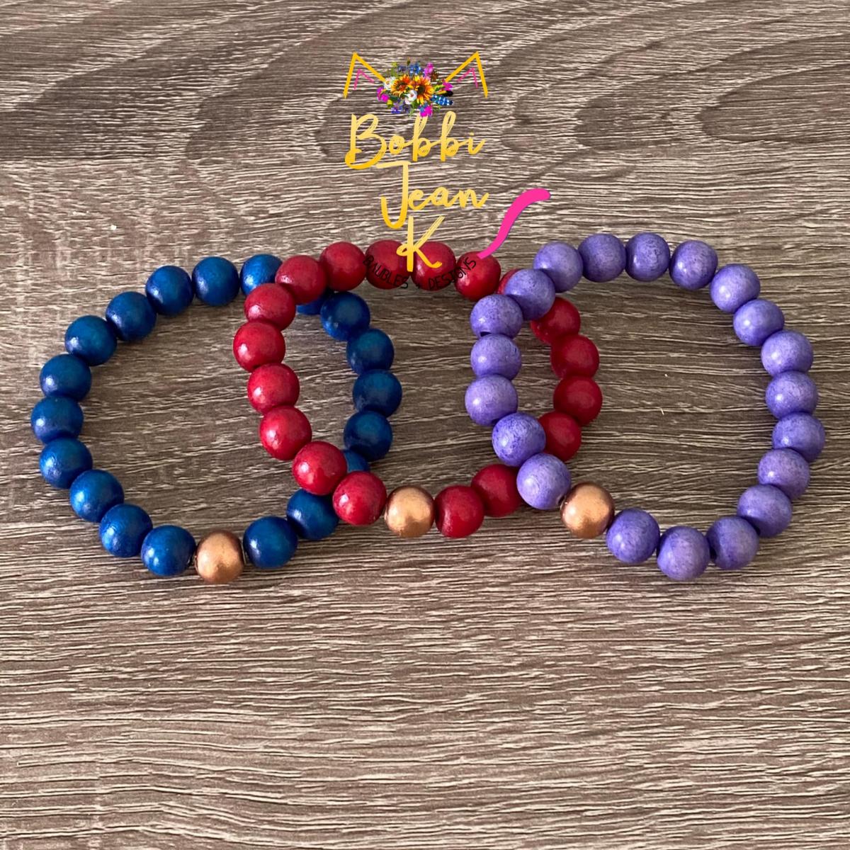 Wood Bead Stretch Bracelet Stack- Set of 3- Deep Blue/Cherry/Purple picture